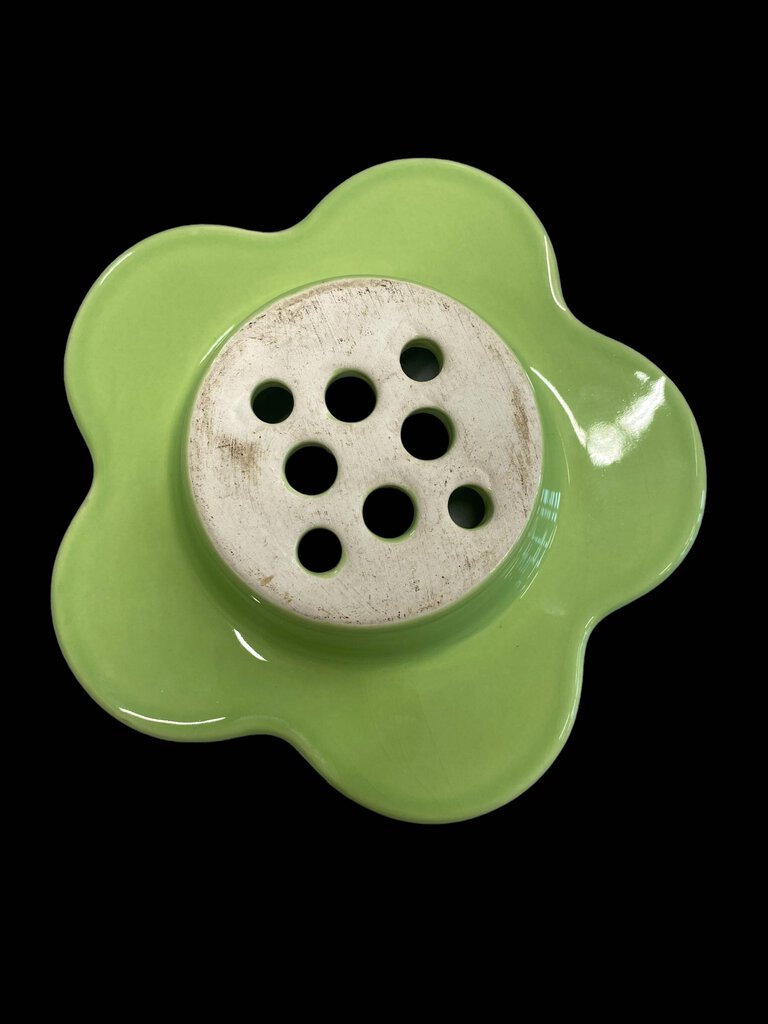 Vintage Ceramic Flower Frog Green Mason Jar Vase Top Topper Scalloped V