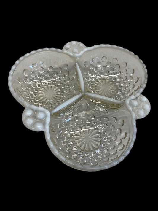 Vintage Moonstone Hobnail Divided Nut Candy Dish
