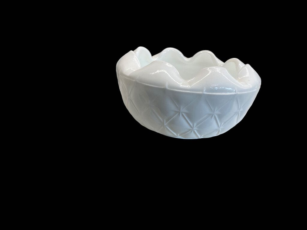 Vintage White Milk Glass Quilted Diamond Scallop Edge Bowl