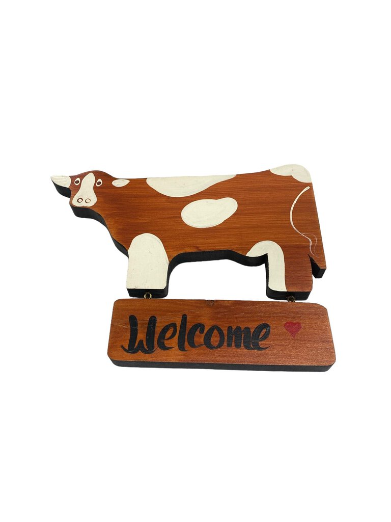 Handmade Welcome Wood Cow Sign Plaque Haning Door Outside
