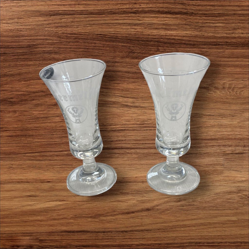 Footed Shot Glasses Jägermeister White Stag Logo Clear Etched Barware Set 2