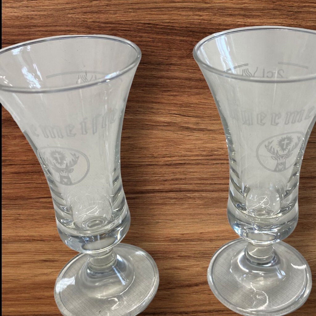 Footed Shot Glasses Jägermeister White Stag Logo Clear Etched Barware Set 2