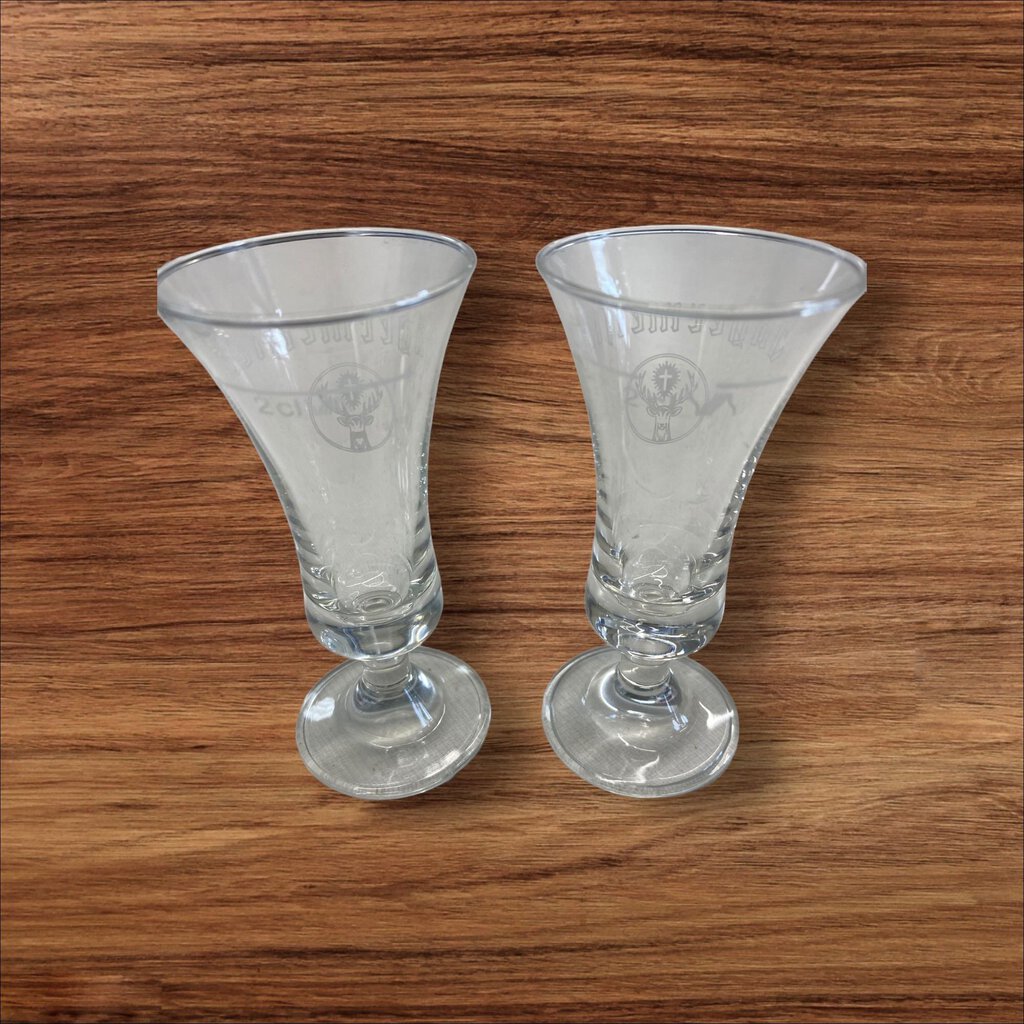 Footed Shot Glasses Jägermeister White Stag Logo Clear Etched Barware Set 2