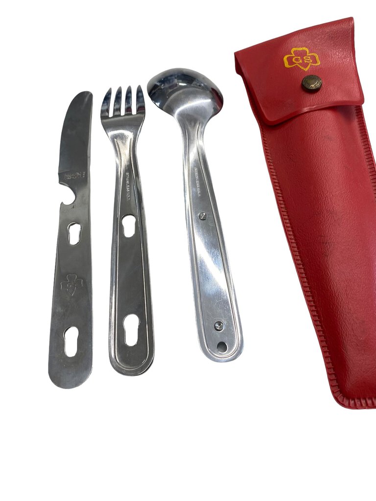 Vintage Girl Scout Red Utensil Cutlery Kit Camping Fork Spoon Knife