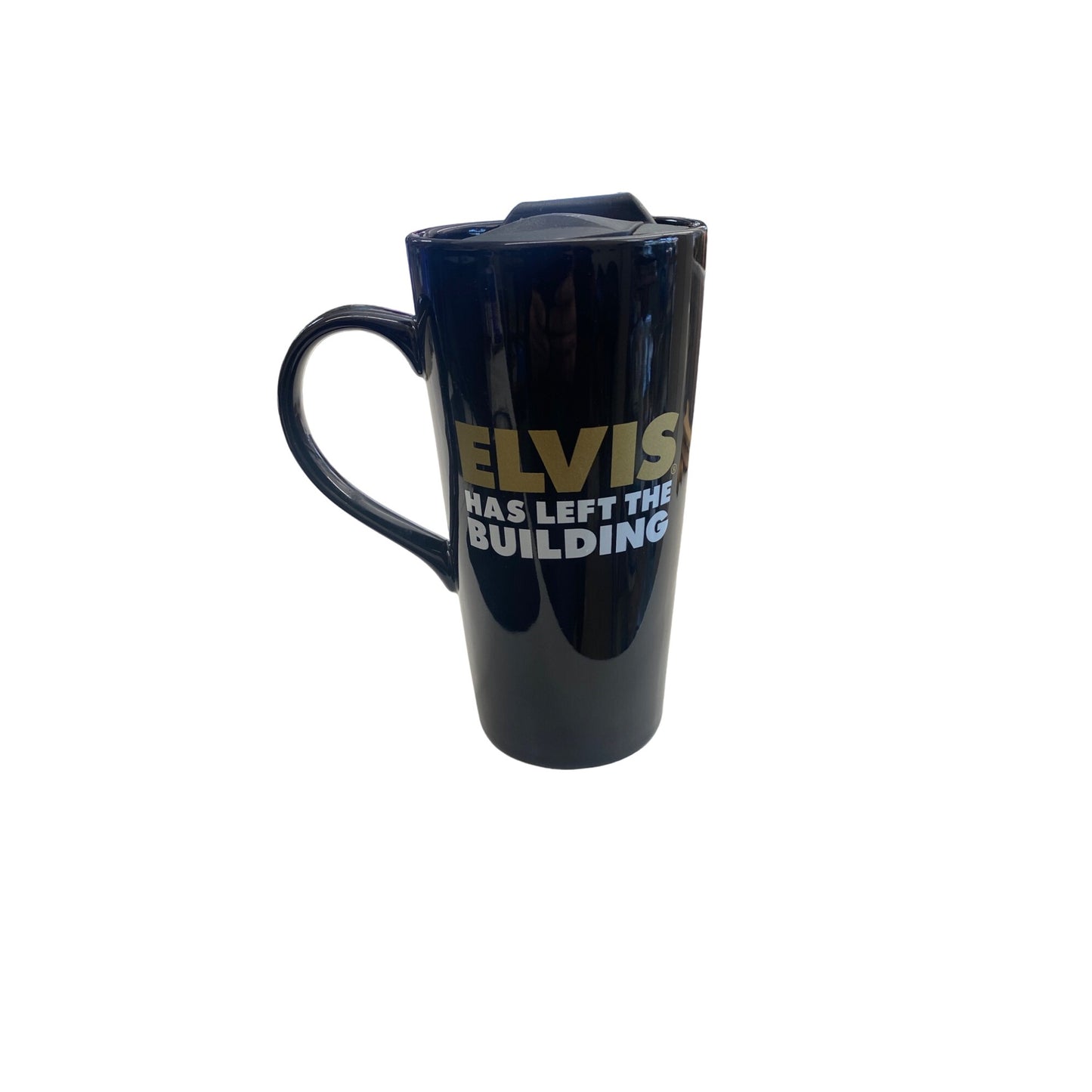 Elvis Presley Travel Mug 16 oz With Lid - "Elvis Has Left The Building" Black Ceramic