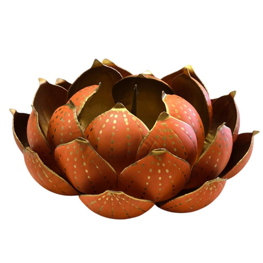 Metal Lotus Flower Candle Holder Handcrafted Orange