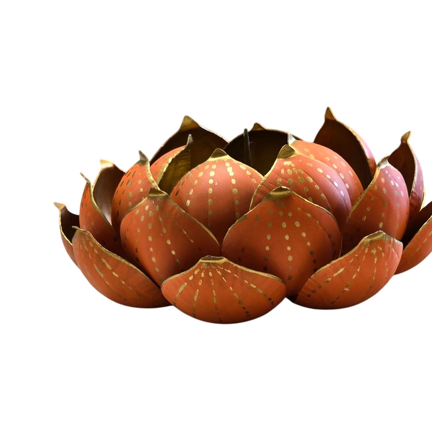 Metal Lotus Flower Candle Holder Handcrafted Orange