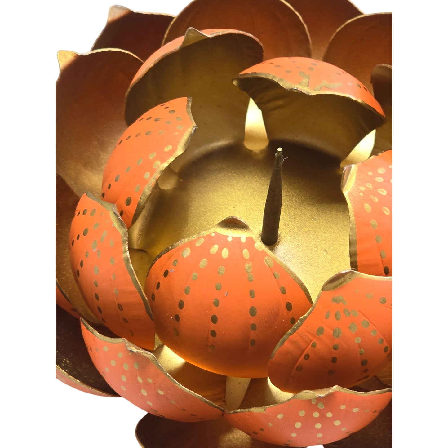 Metal Lotus Flower Candle Holder Handcrafted Orange