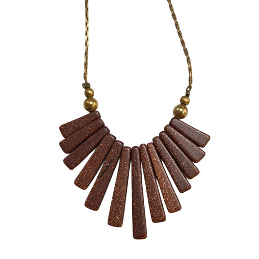 Retro Geometric Fan Necklace – Brown Sparkle Glitter Resin & Gold Beads