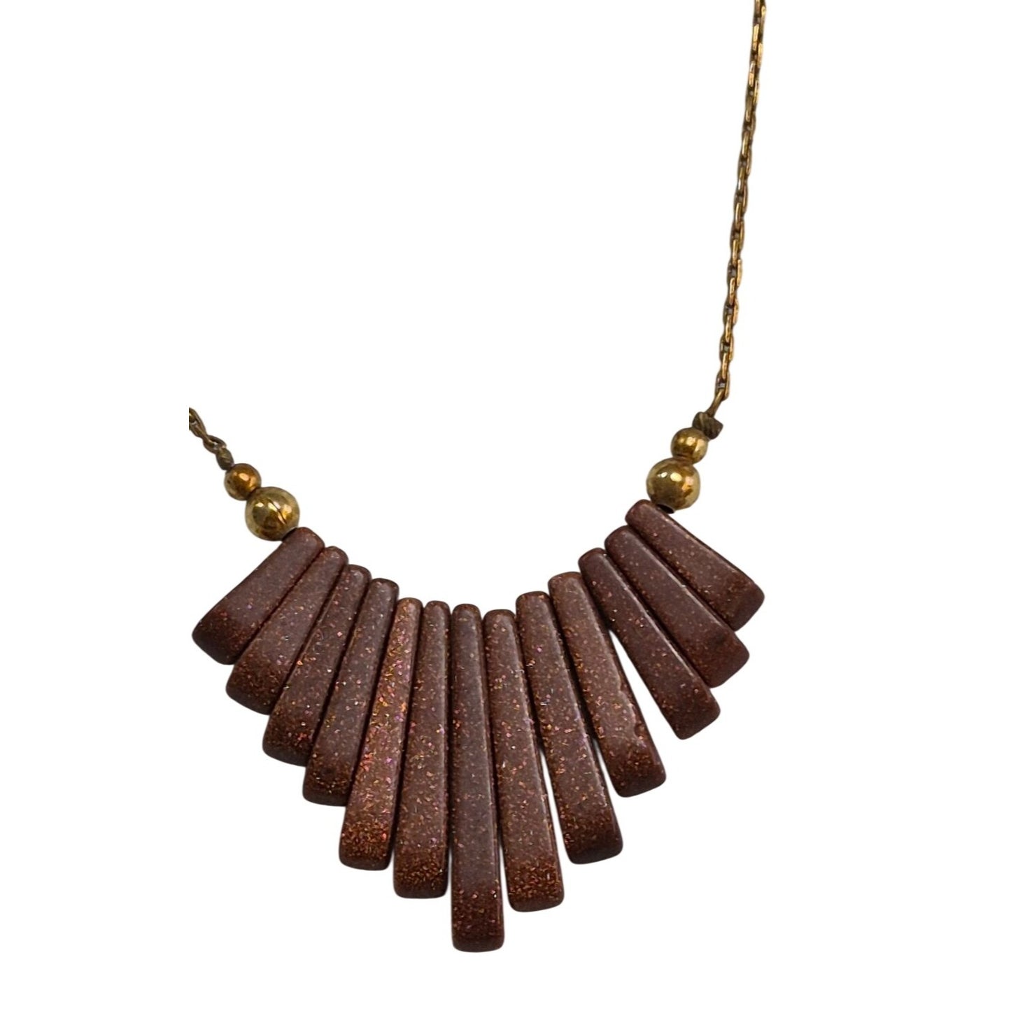 Retro Geometric Fan Necklace – Brown Sparkle Glitter Resin & Gold Beads