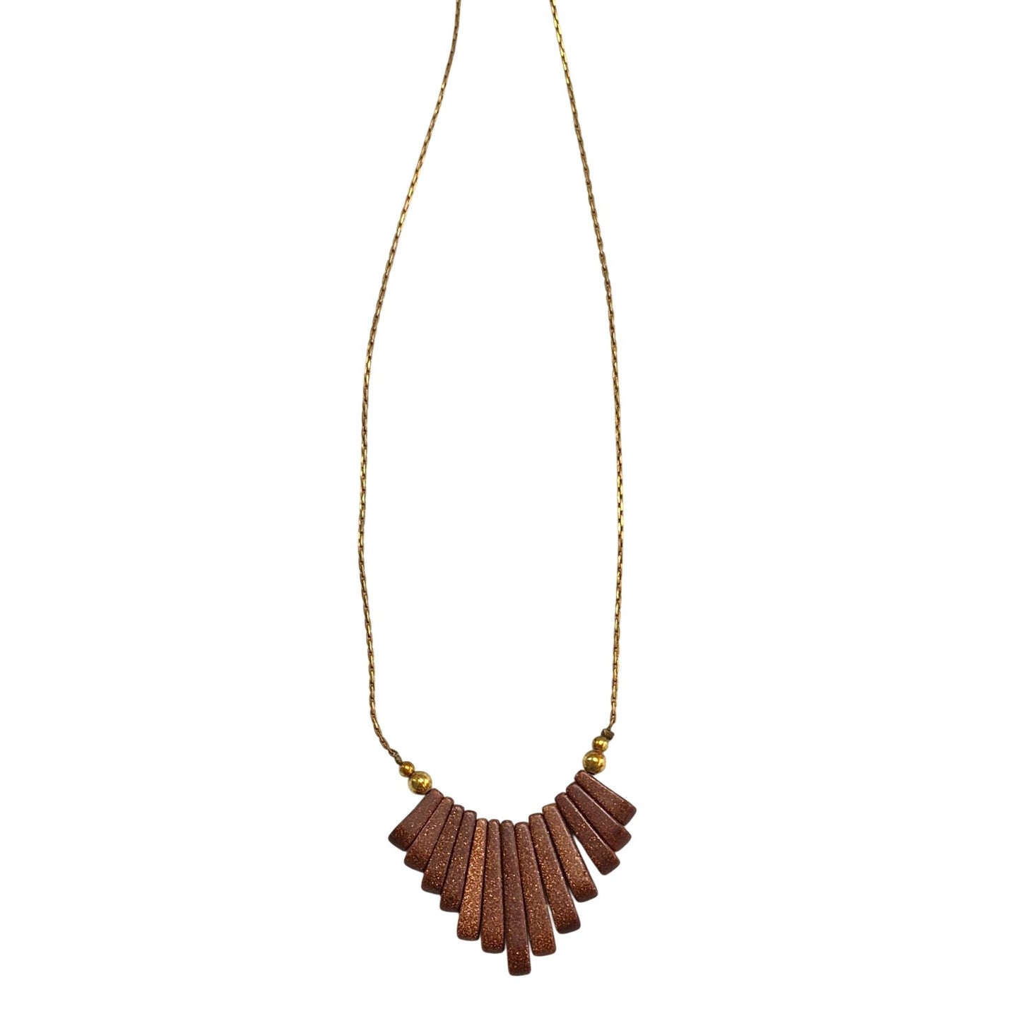 Retro Geometric Fan Necklace – Brown Sparkle Glitter Resin & Gold Beads