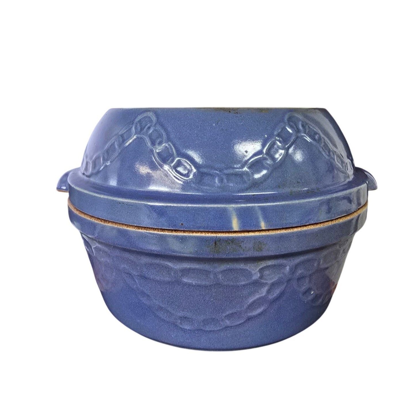 Vintage Blue Stoneware Covered Casserole / Bean Pot Embossed Chain MCM Ovenware