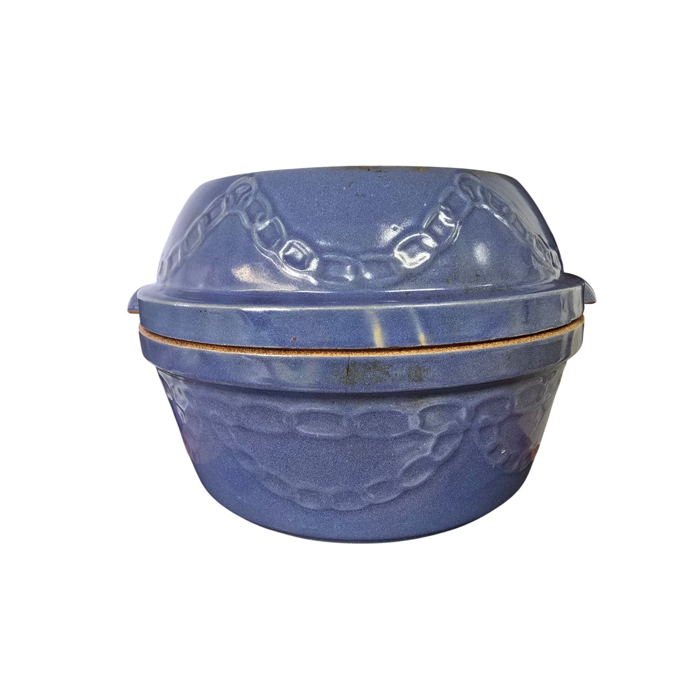 Vintage Blue Stoneware Covered Casserole / Bean Pot Embossed Chain MCM Ovenware