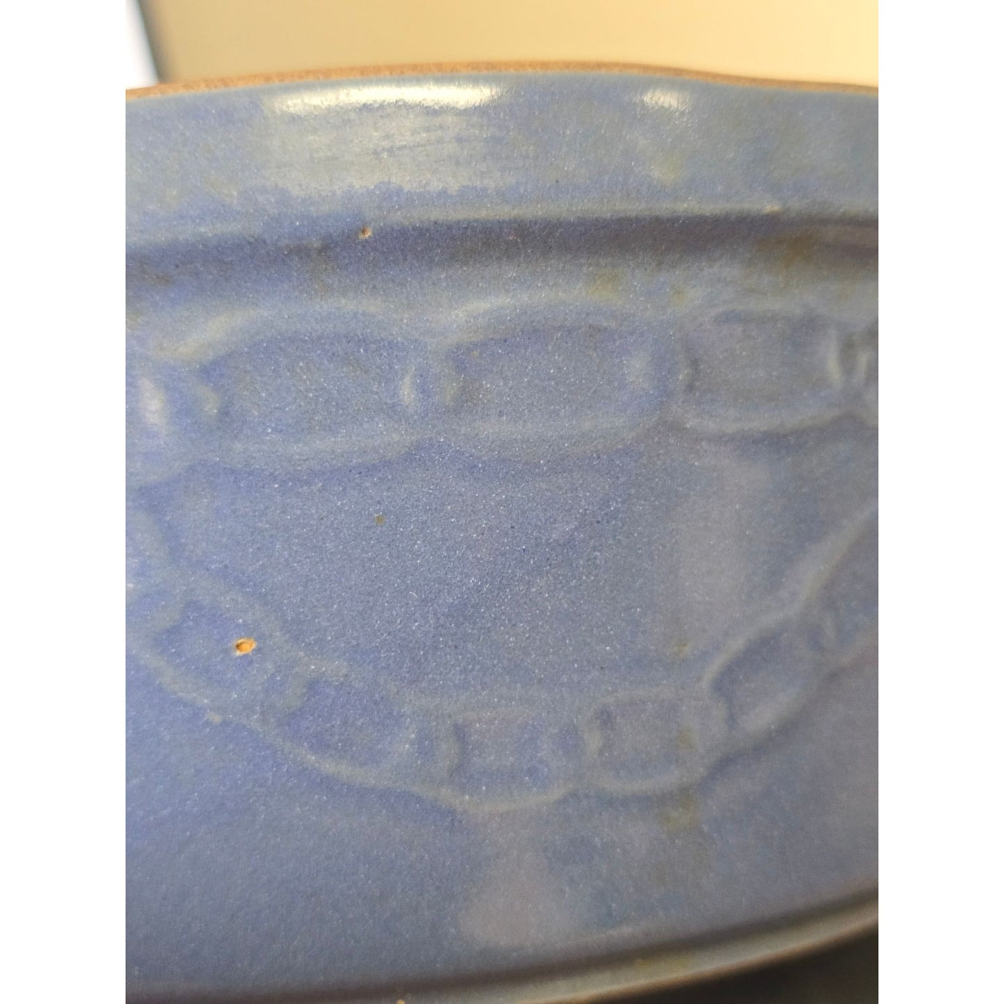 Vintage Blue Stoneware Covered Casserole / Bean Pot Embossed Chain MCM Ovenware