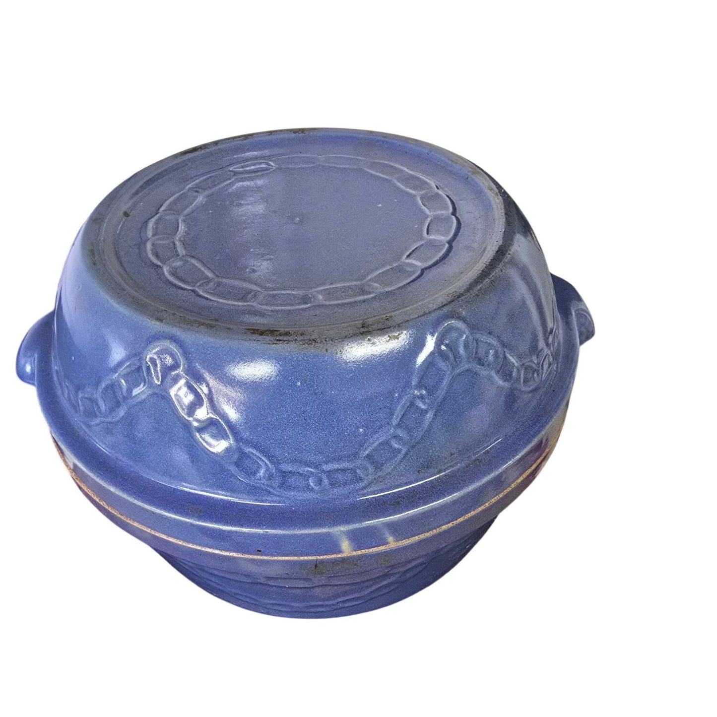 Vintage Blue Stoneware Covered Casserole / Bean Pot Embossed Chain MCM Ovenware
