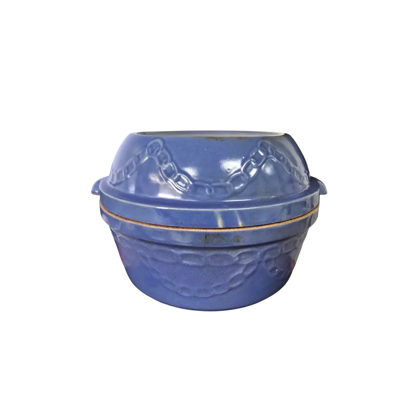 Vintage Blue Stoneware Covered Casserole / Bean Pot Embossed Chain MCM Ovenware