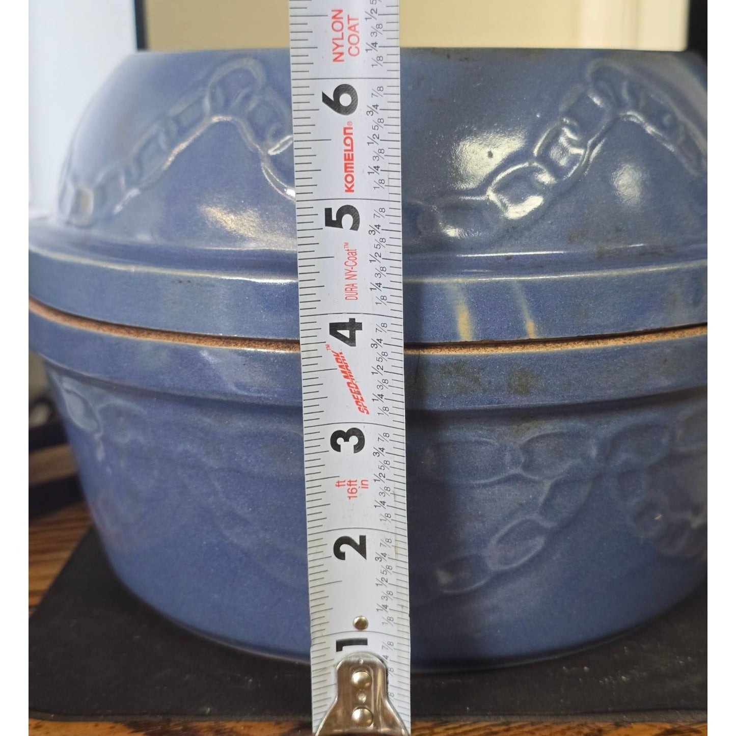 Vintage Blue Stoneware Covered Casserole / Bean Pot Embossed Chain MCM Ovenware