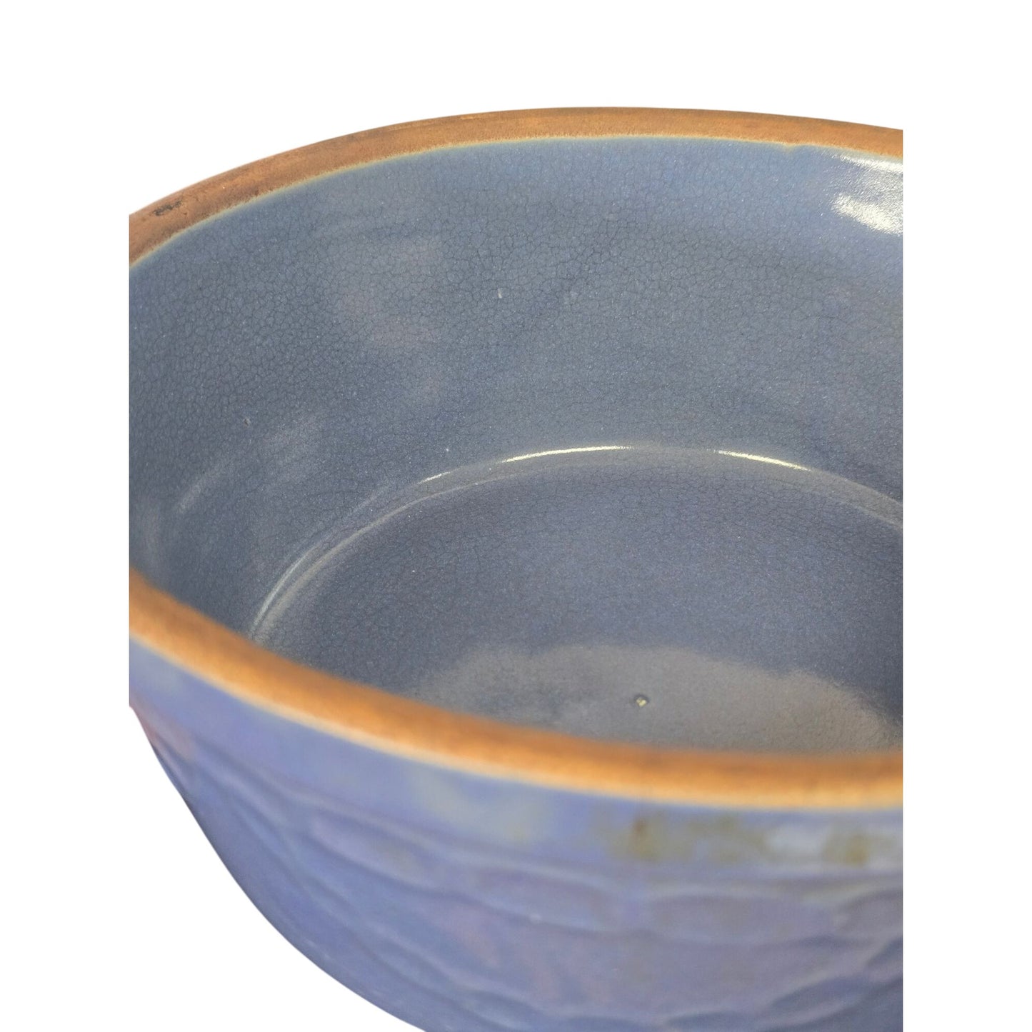 Vintage Blue Stoneware Covered Casserole / Bean Pot Embossed Chain MCM Ovenware