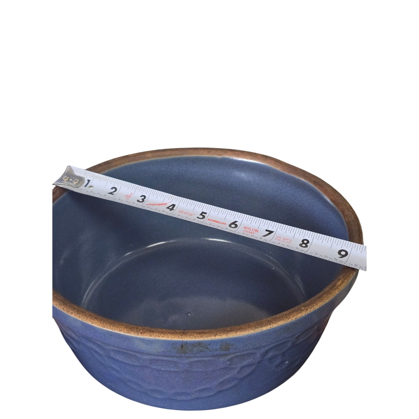 Vintage Blue Stoneware Covered Casserole / Bean Pot Embossed Chain MCM Ovenware