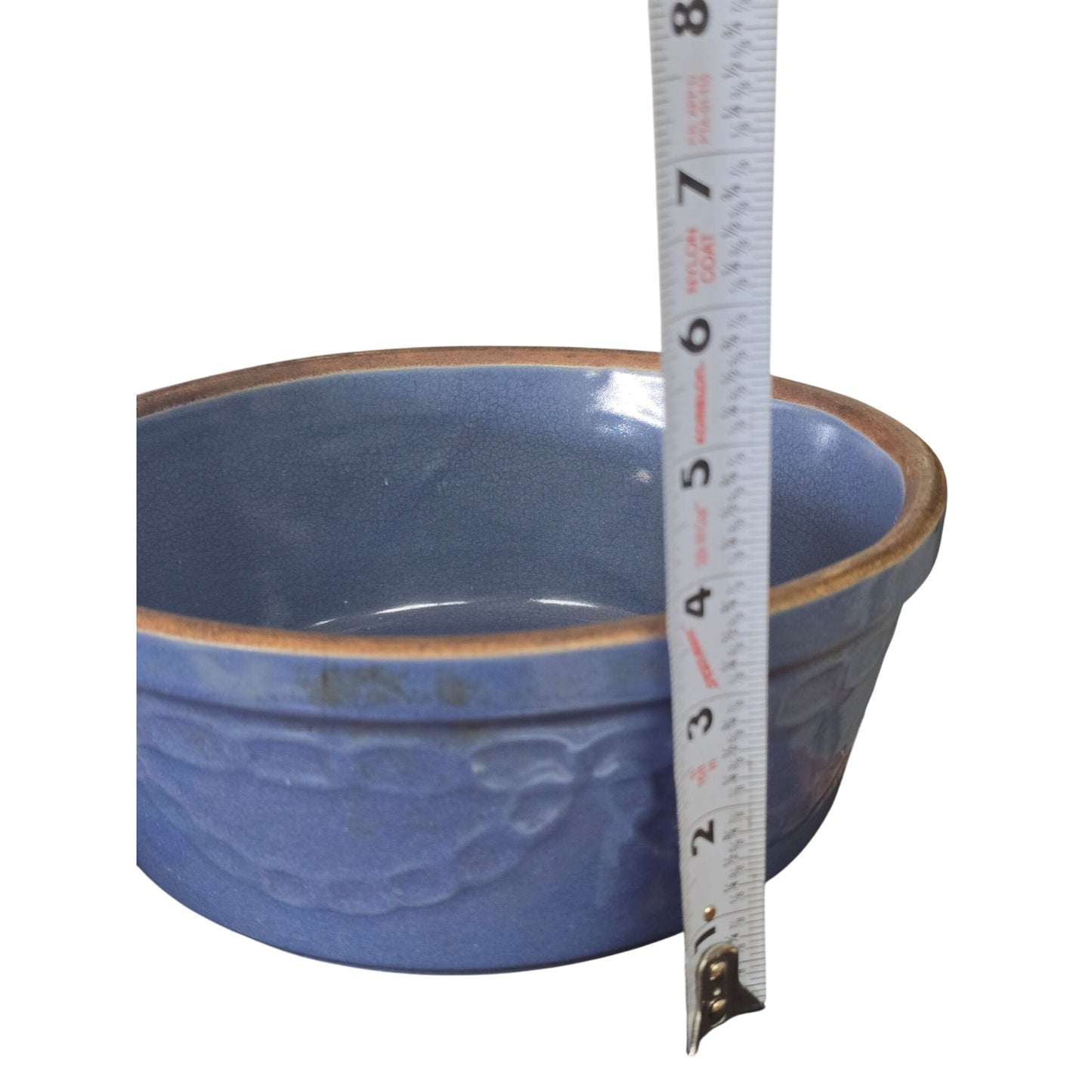 Vintage Blue Stoneware Covered Casserole / Bean Pot Embossed Chain MCM Ovenware