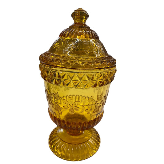 Antique Amber Glass Candy Dish With Lid Flower Pattern