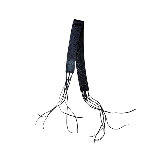 Black Adjustable Leather Waist Belt With Lace-Up Detailing & Intricate Laser-Cut Floral Patterns For Women