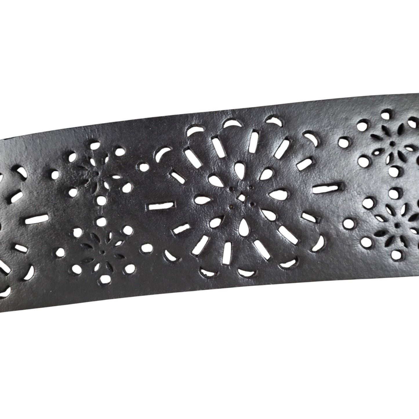 Black Adjustable Leather Waist Belt With Lace-Up Detailing & Intricate Laser-Cut Floral Patterns For Women