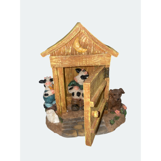 Cow-Themed Outhouse Figurine By Youngs China Rustic Farm Decor Collectible Resin Art