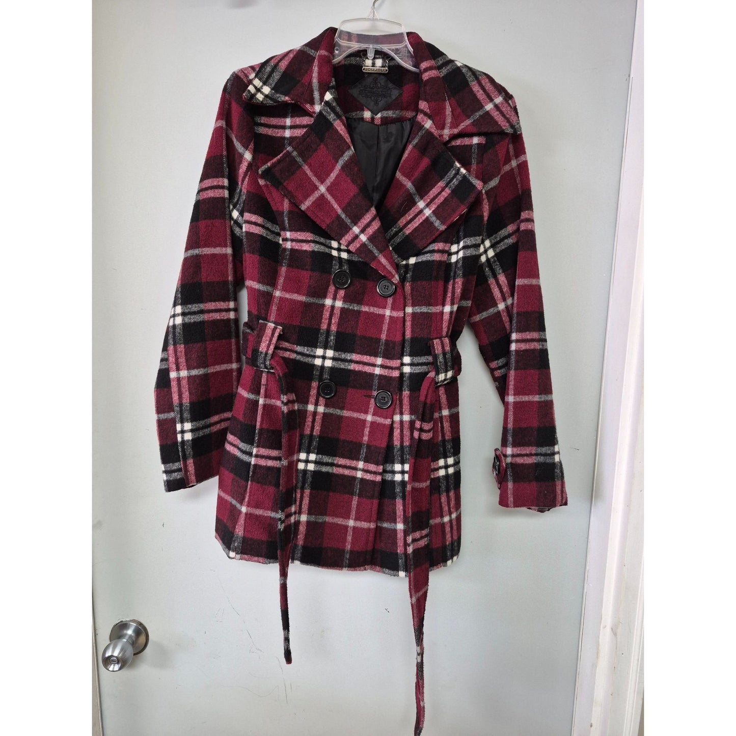 Womens Joujou Double-Breasted Plaid Peacoat Jacket With Belt Burgundy/Black L