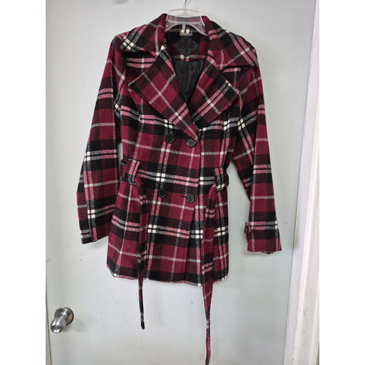 Womens Joujou Double-Breasted Plaid Peacoat Jacket With Belt Burgundy/Black L