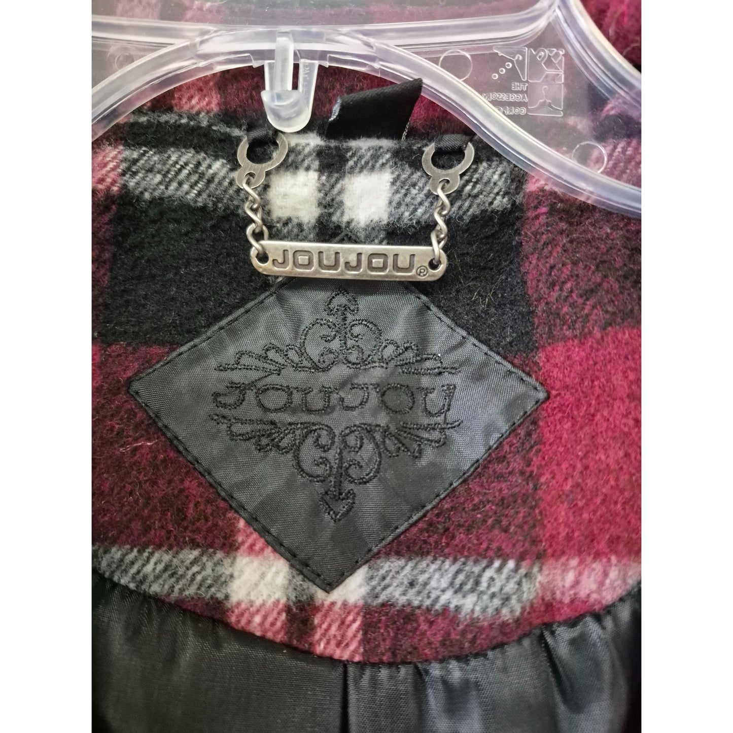 Womens Joujou Double-Breasted Plaid Peacoat Jacket With Belt Burgundy/Black L