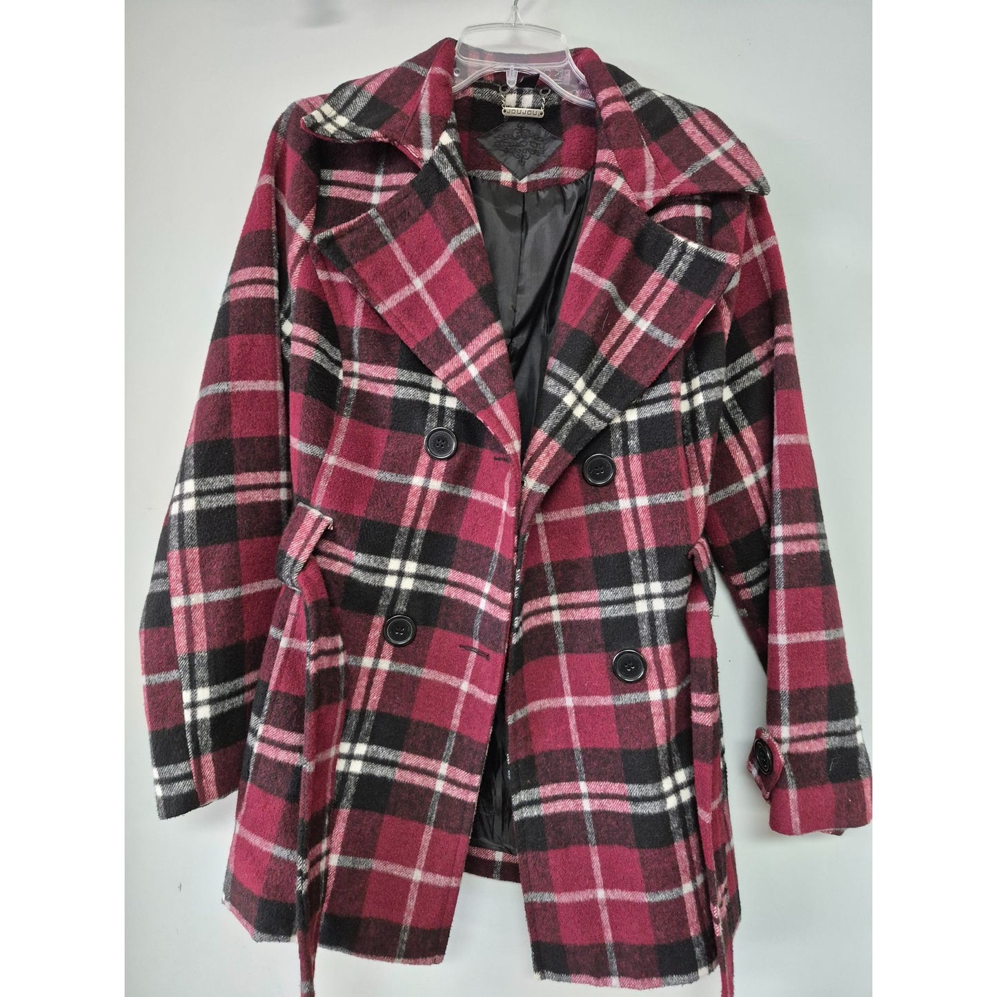 Womens Joujou Double-Breasted Plaid Peacoat Jacket With Belt Burgundy/Black L