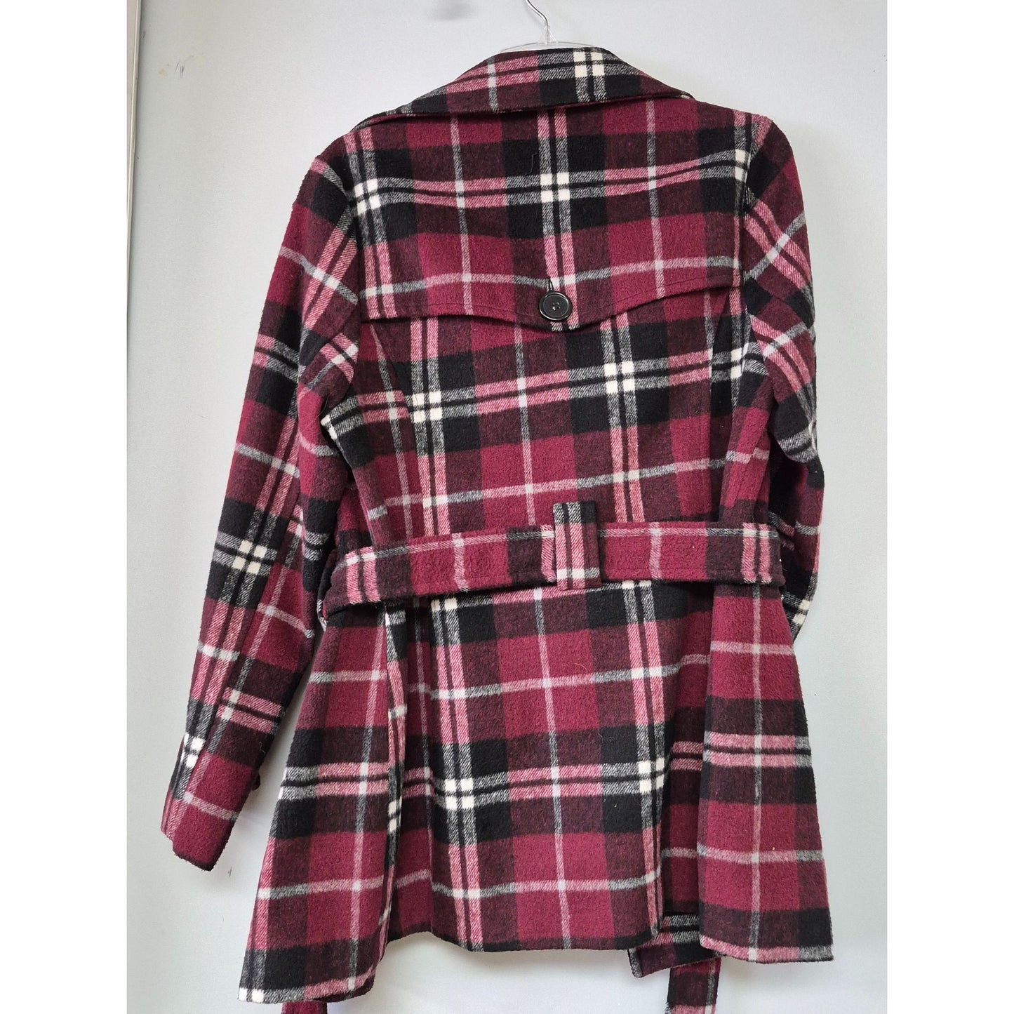 Womens Joujou Double-Breasted Plaid Peacoat Jacket With Belt Burgundy/Black L