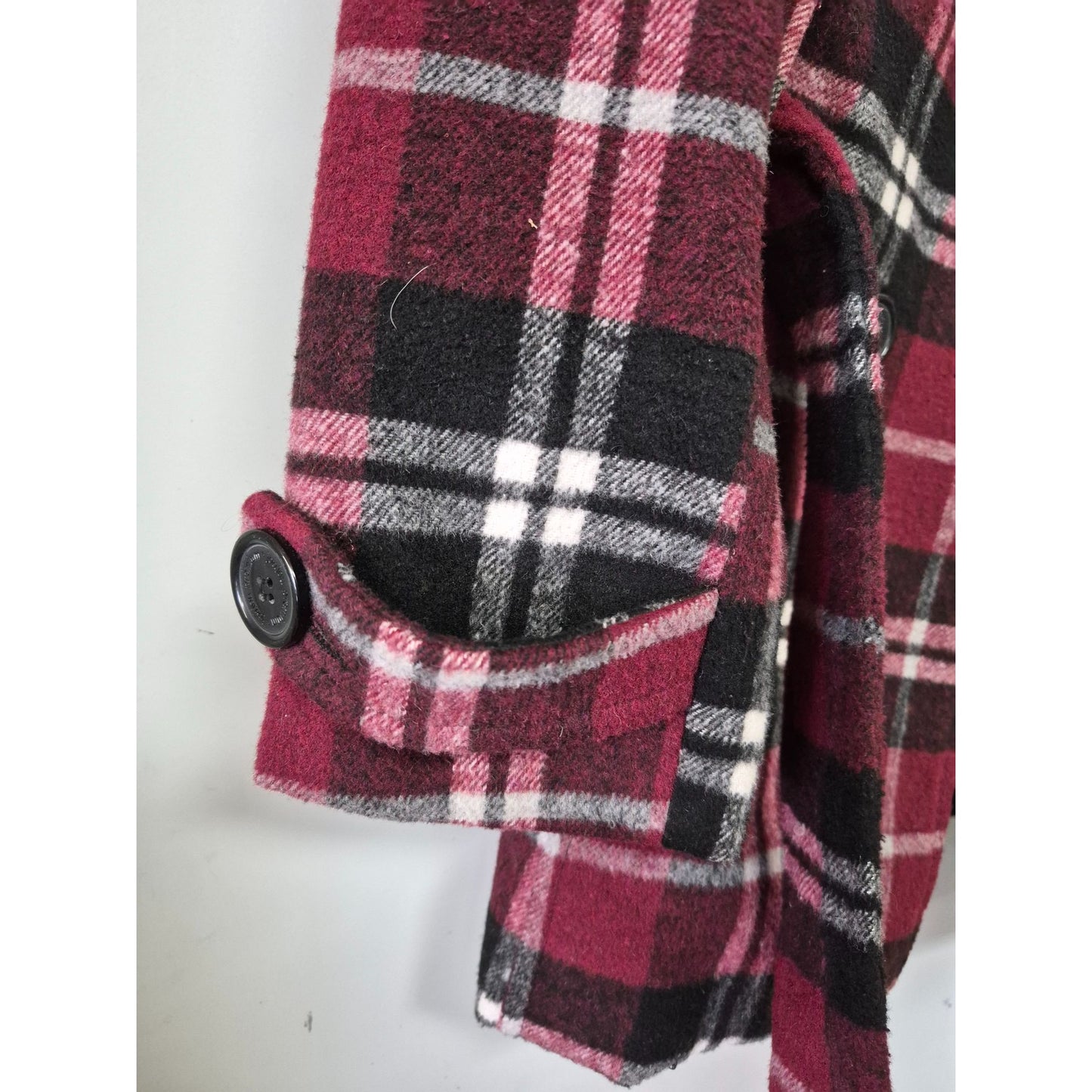 Womens Joujou Double-Breasted Plaid Peacoat Jacket With Belt Burgundy/Black L