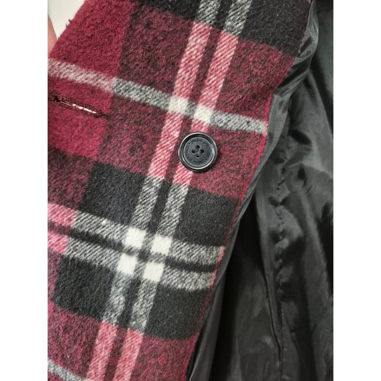 Womens Joujou Double-Breasted Plaid Peacoat Jacket With Belt Burgundy/Black L