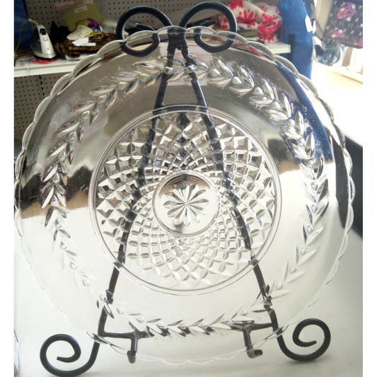 Vintage Clear Glass Decorative Plate With Intricate Floral & Geometric Patterns