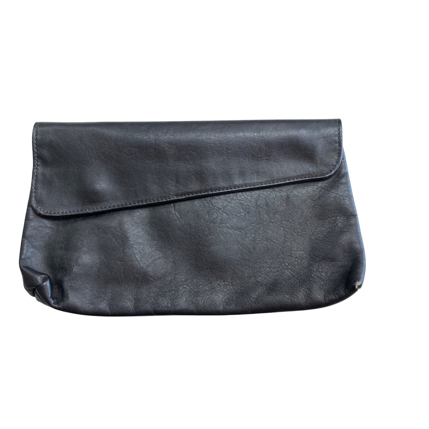 Vintage Black Soft Leather Foldover Clutch Purse With Magnetic Snap Closure & Inner Zip Pocket