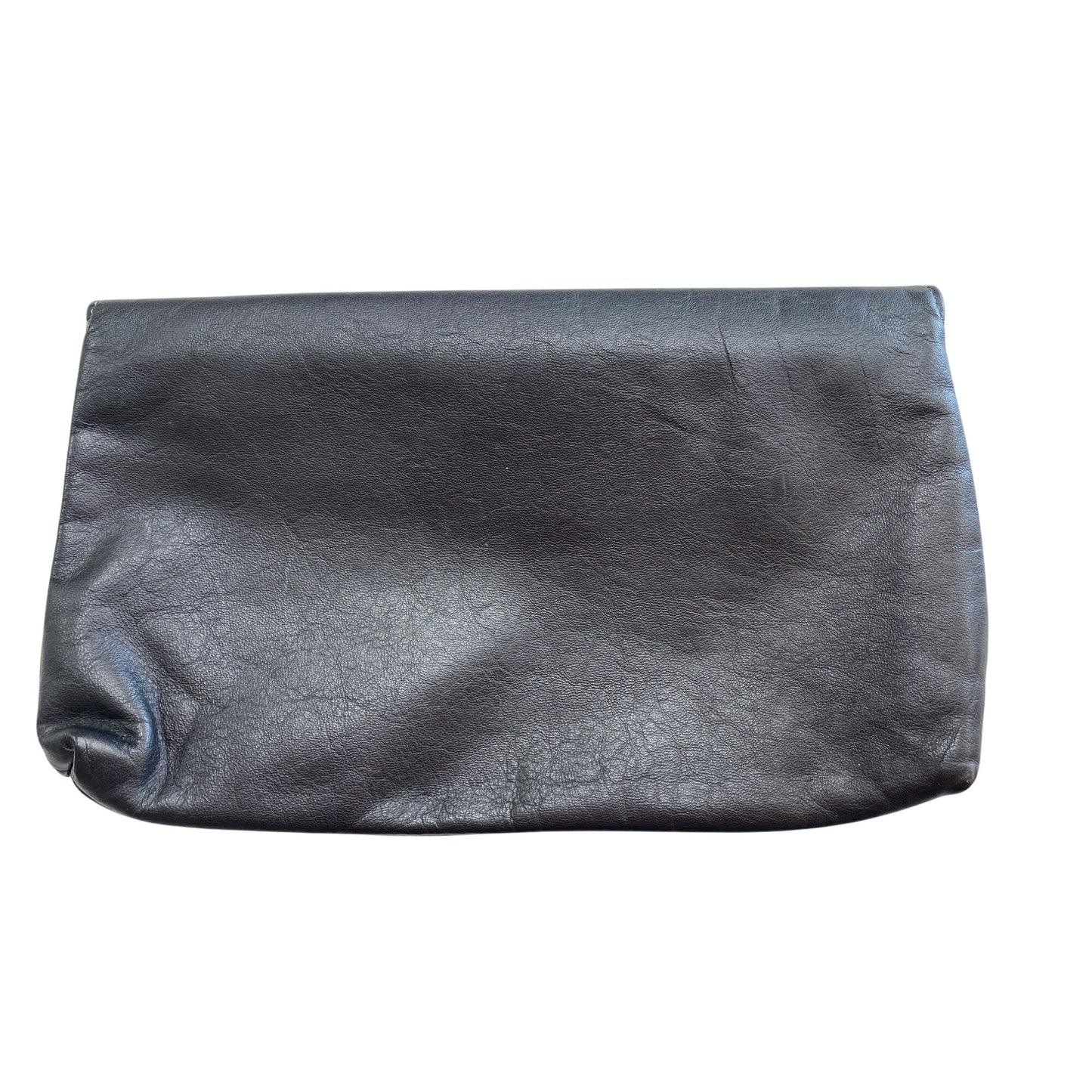 Vintage Black Soft Leather Foldover Clutch Purse With Magnetic Snap Closure & Inner Zip Pocket
