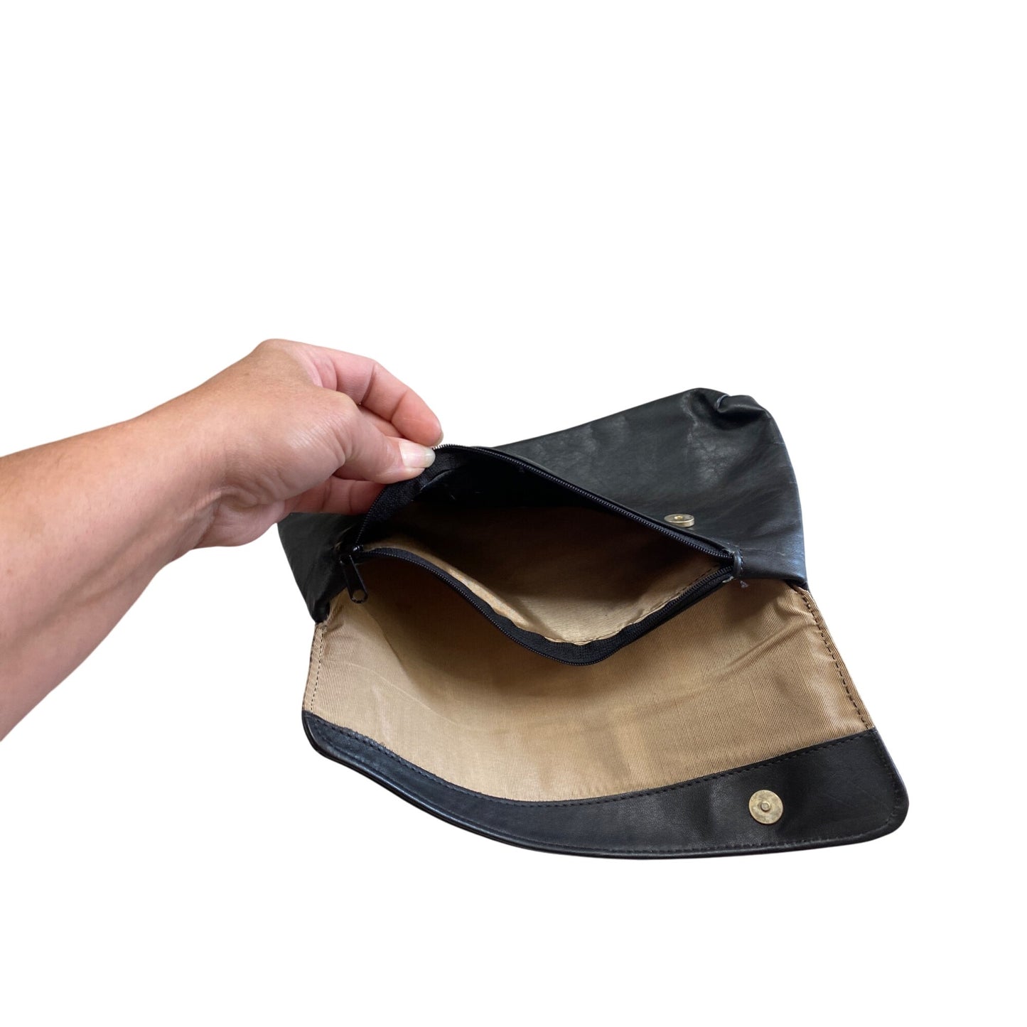 Vintage Black Soft Leather Foldover Clutch Purse With Magnetic Snap Closure & Inner Zip Pocket