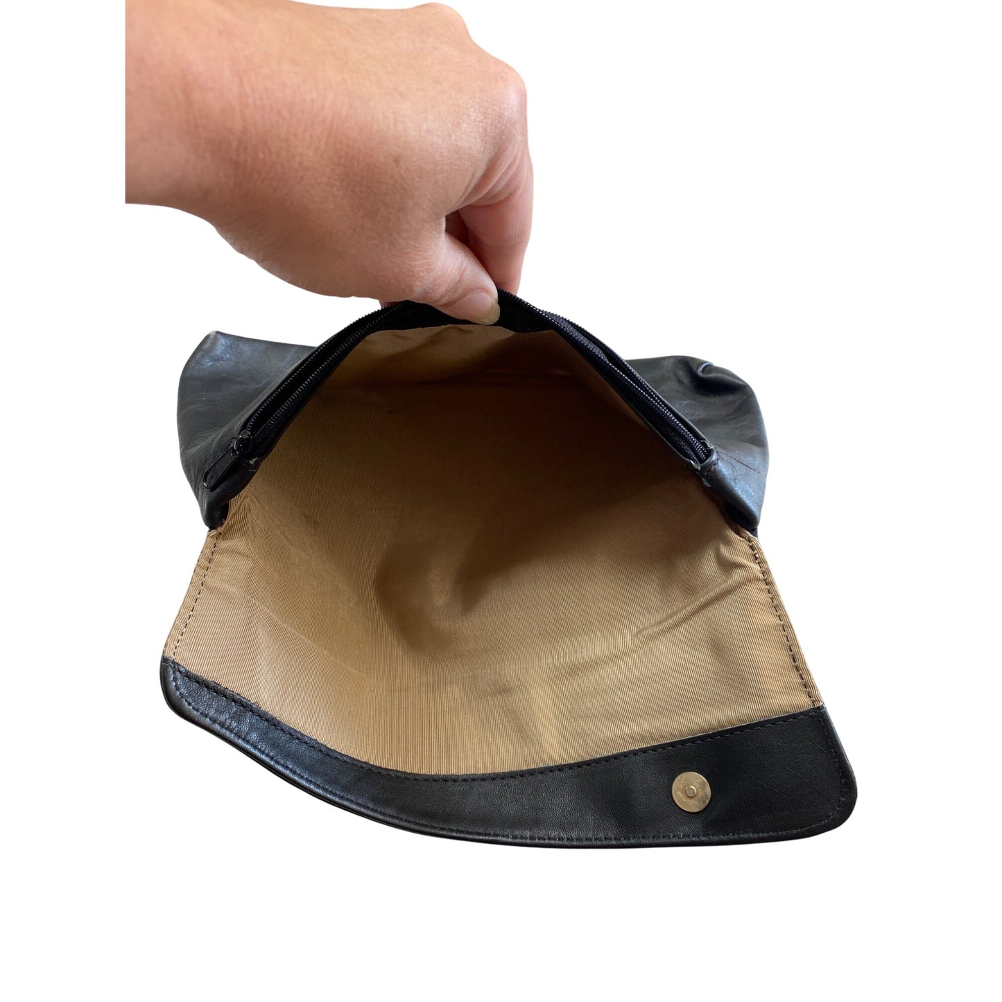 Vintage Black Soft Leather Foldover Clutch Purse With Magnetic Snap Closure & Inner Zip Pocket