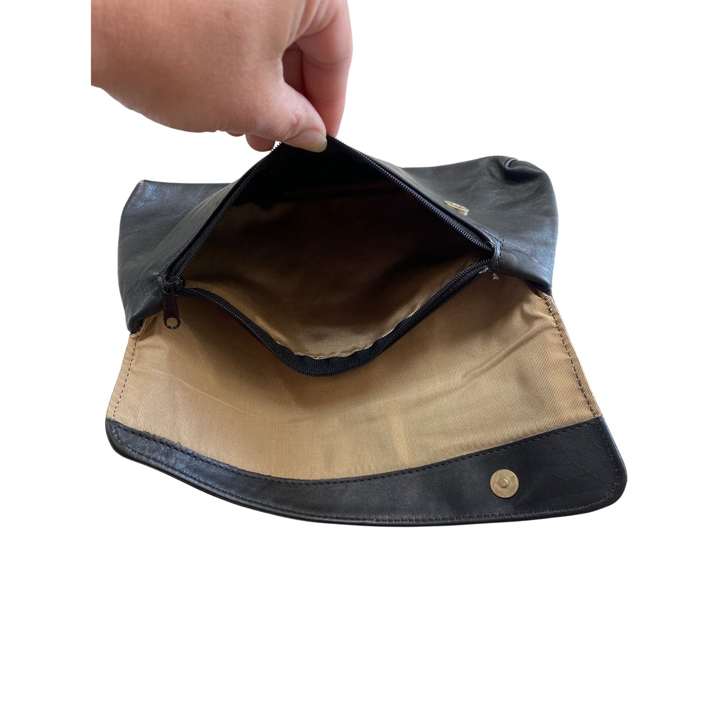 Vintage Black Soft Leather Foldover Clutch Purse With Magnetic Snap Closure & Inner Zip Pocket