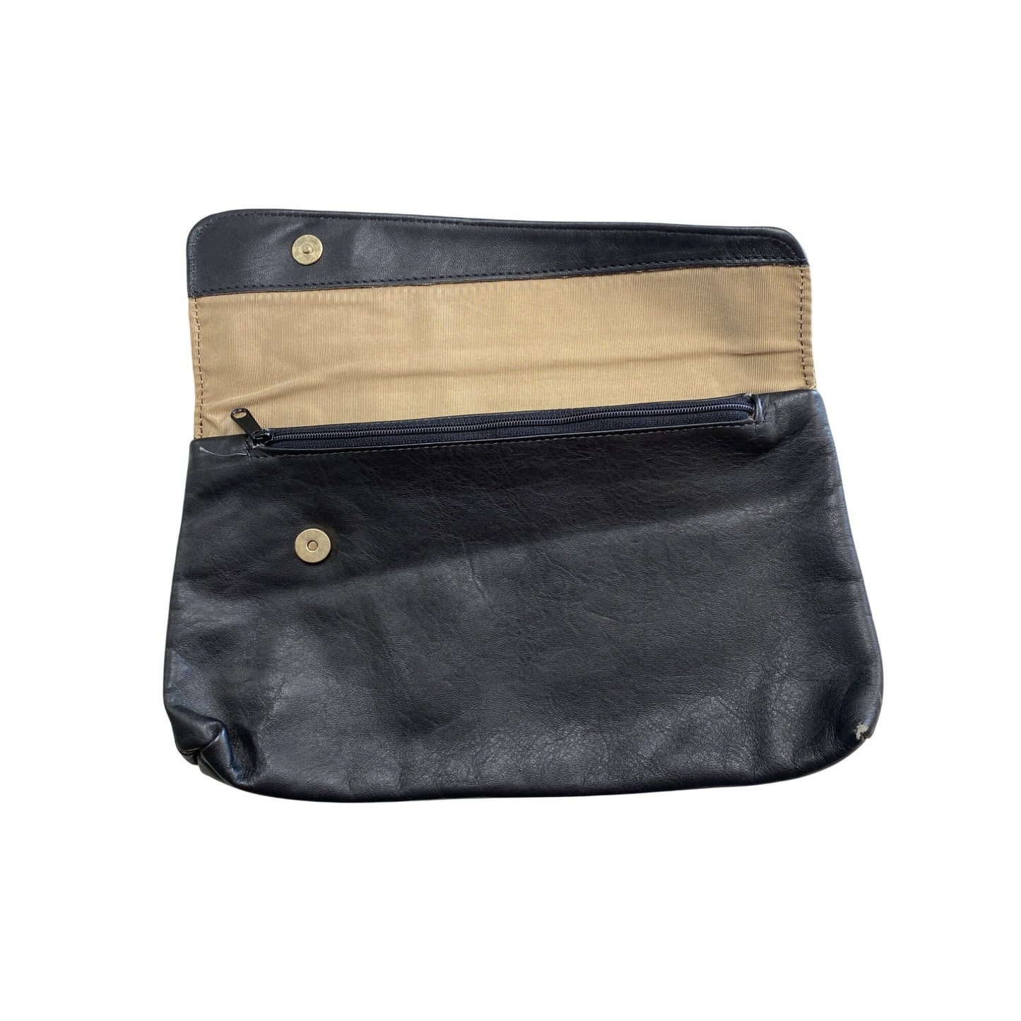 Vintage Black Soft Leather Foldover Clutch Purse With Magnetic Snap Closure & Inner Zip Pocket
