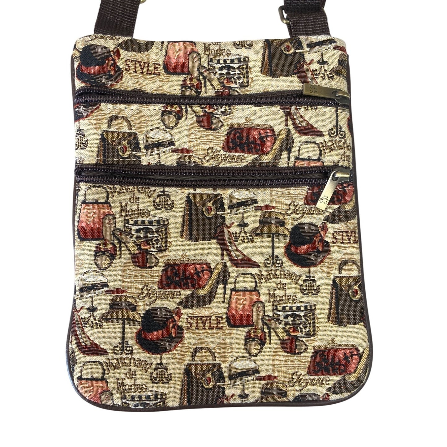 Vintage-Inspired Womens Crossbody Bag With Fashion Print Multiple Zipper Pockets & Adjustable Strap