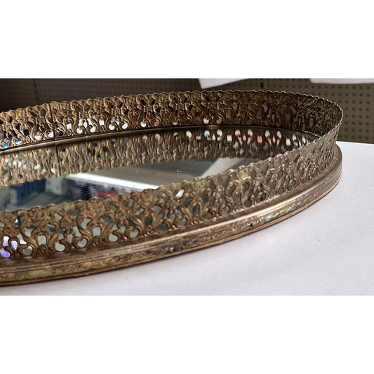 Vintage Ornate Brass Oval Vanity Tray With Mirror