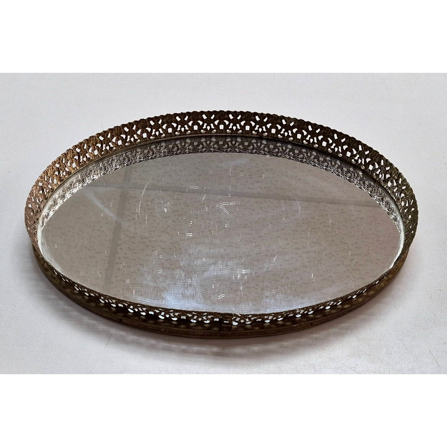 Vintage Ornate Brass Oval Vanity Tray With Mirror