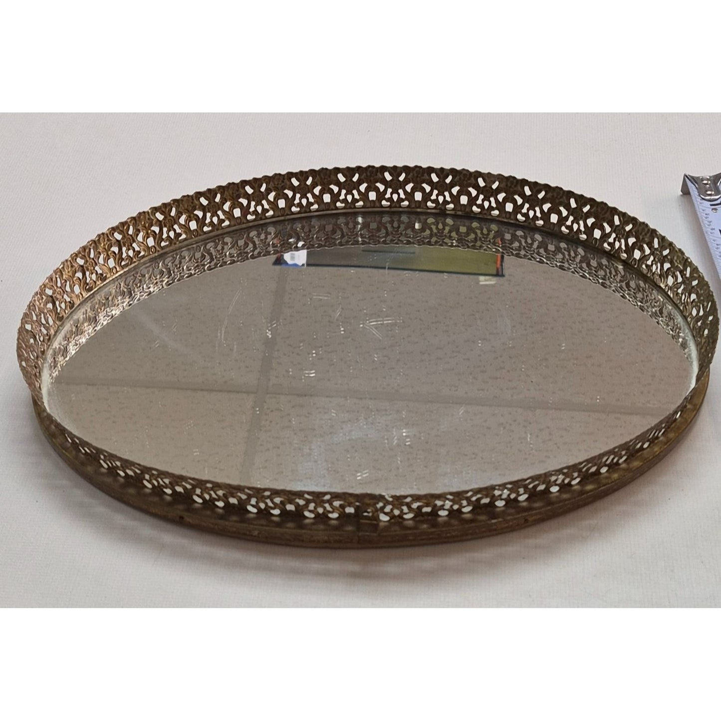 Vintage Ornate Brass Oval Vanity Tray With Mirror