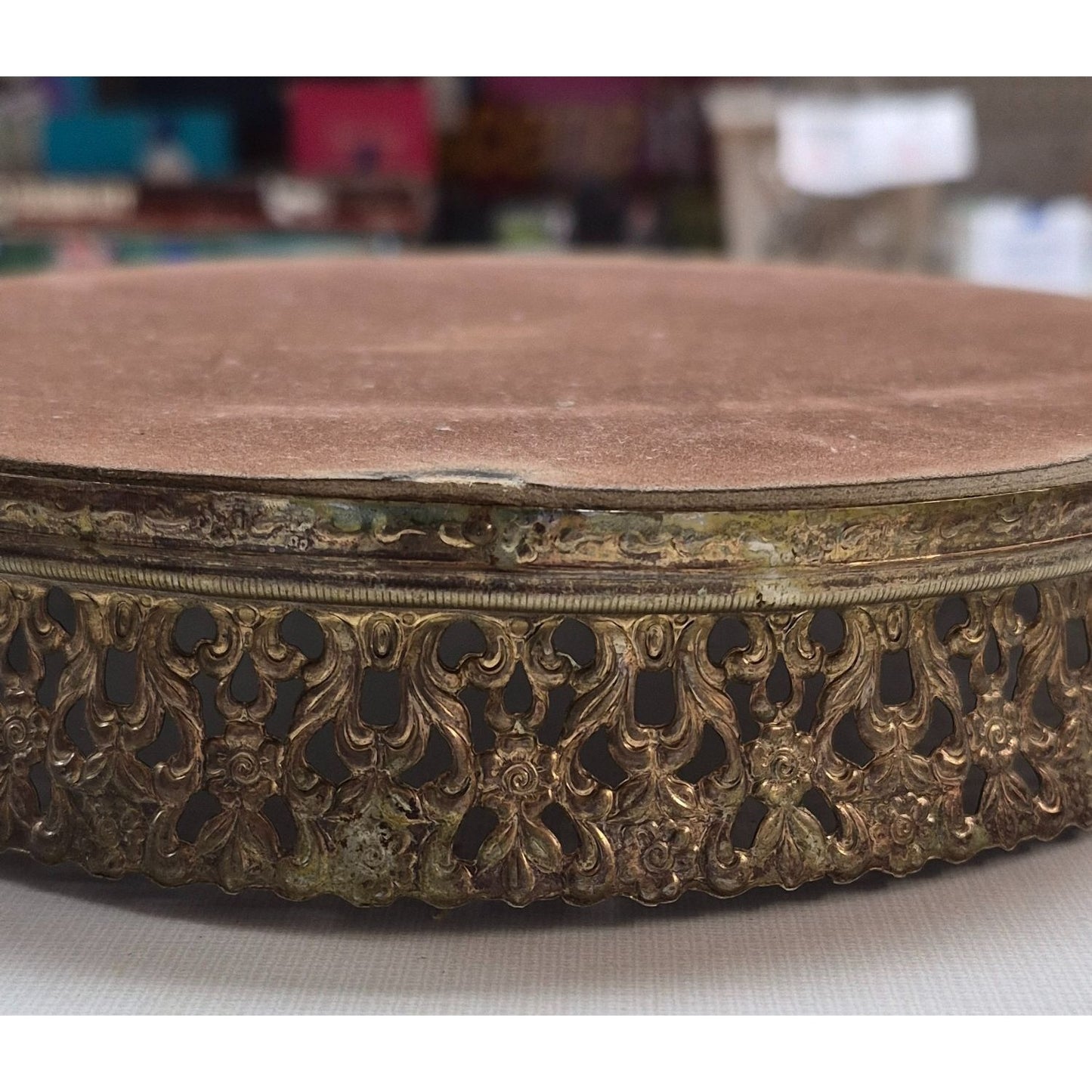 Vintage Ornate Brass Oval Vanity Tray With Mirror
