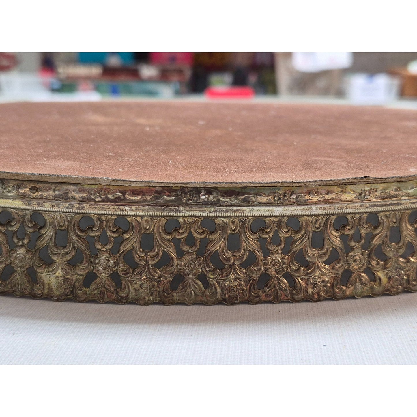 Vintage Ornate Brass Oval Vanity Tray With Mirror