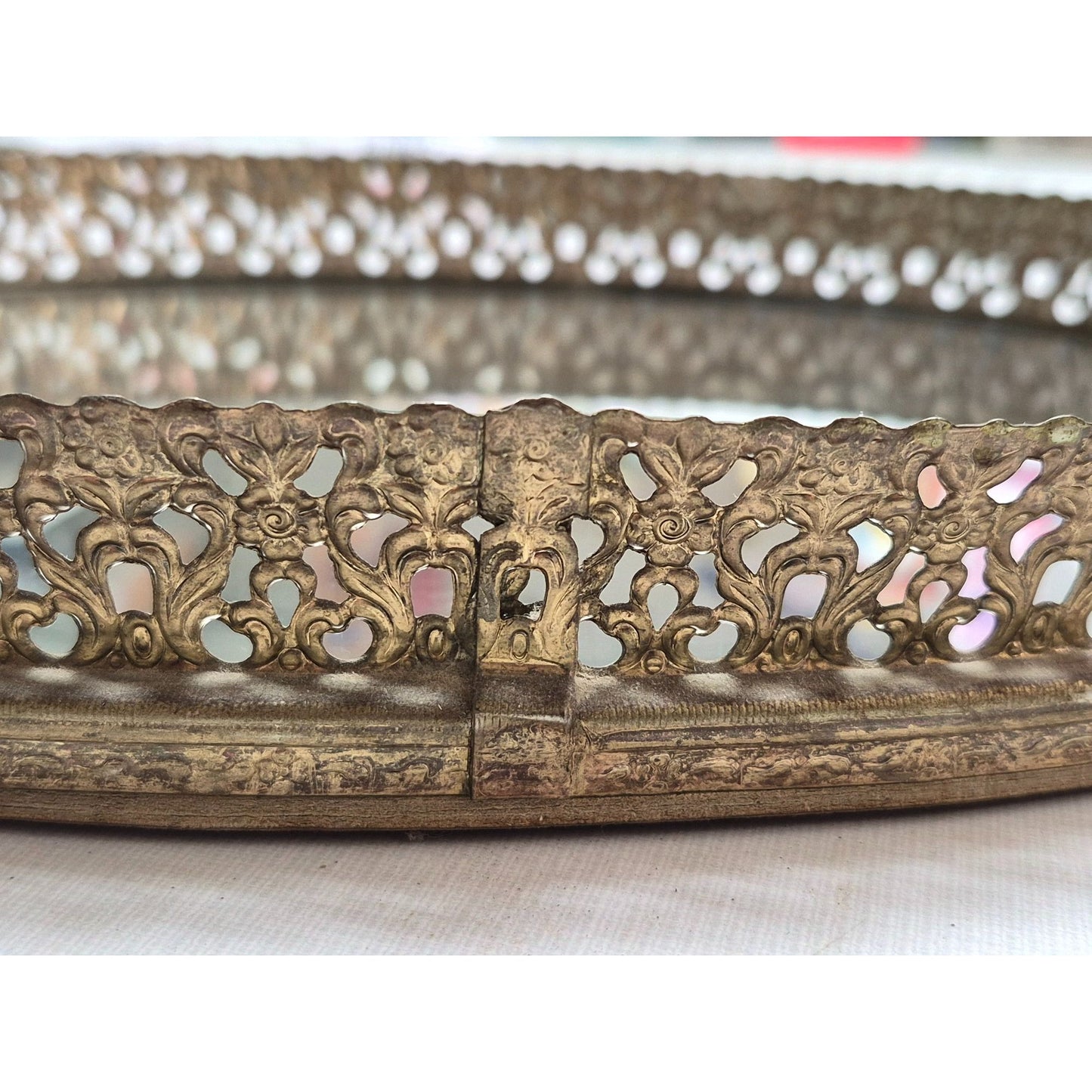 Vintage Ornate Brass Oval Vanity Tray With Mirror