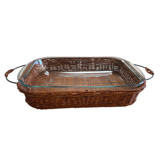 Glass Baking Dish With Brown Wicker Basket